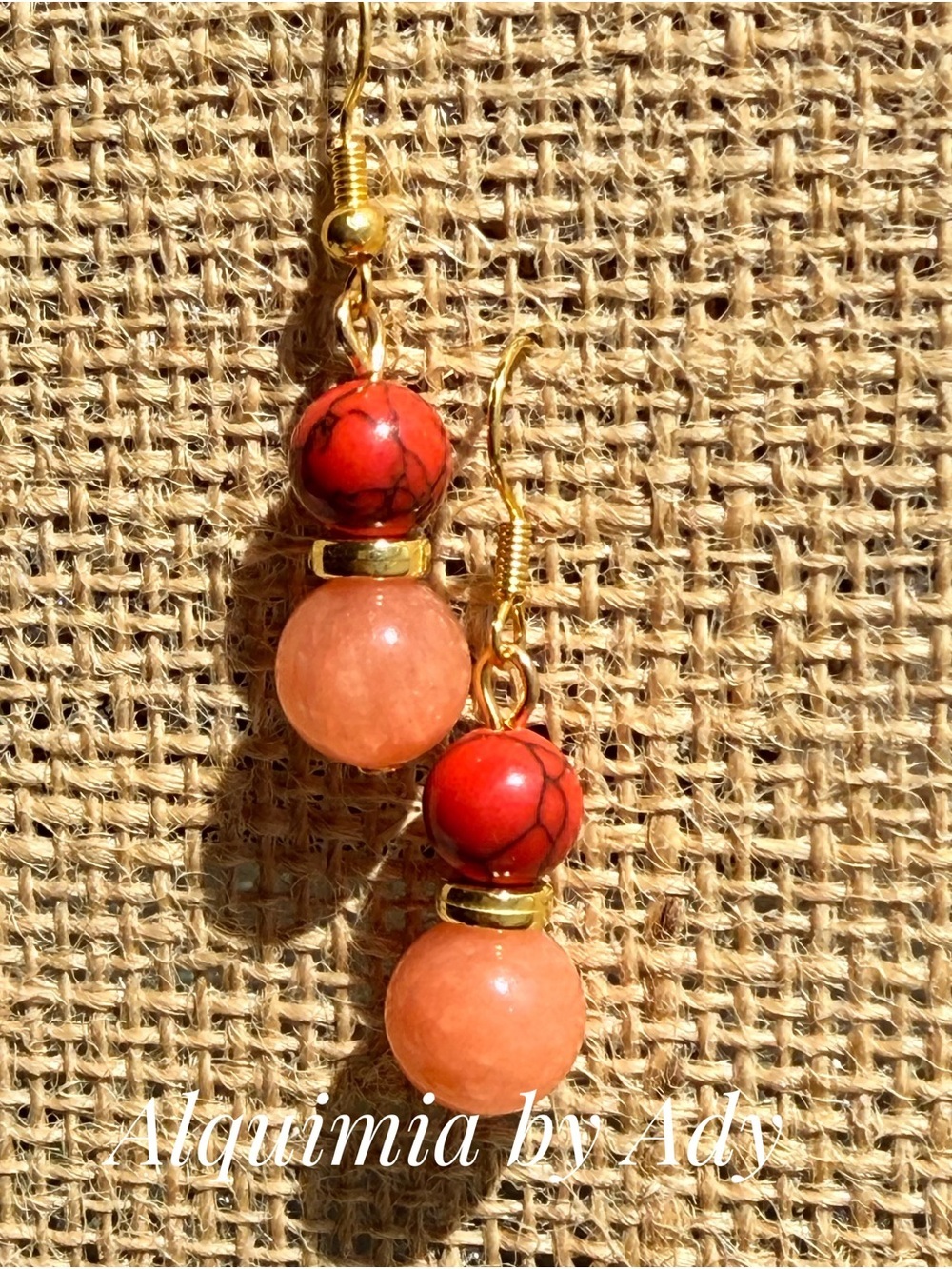 Peach jade and Red turquoise Bead Drop Earrings with Gold Accents